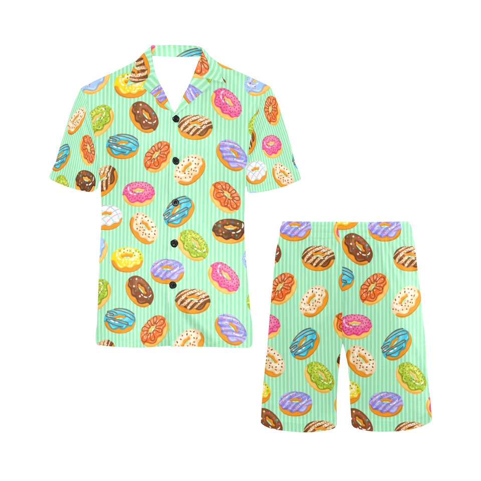 Colorful donut pattern green background Men's V-Neck Short Pajama Set