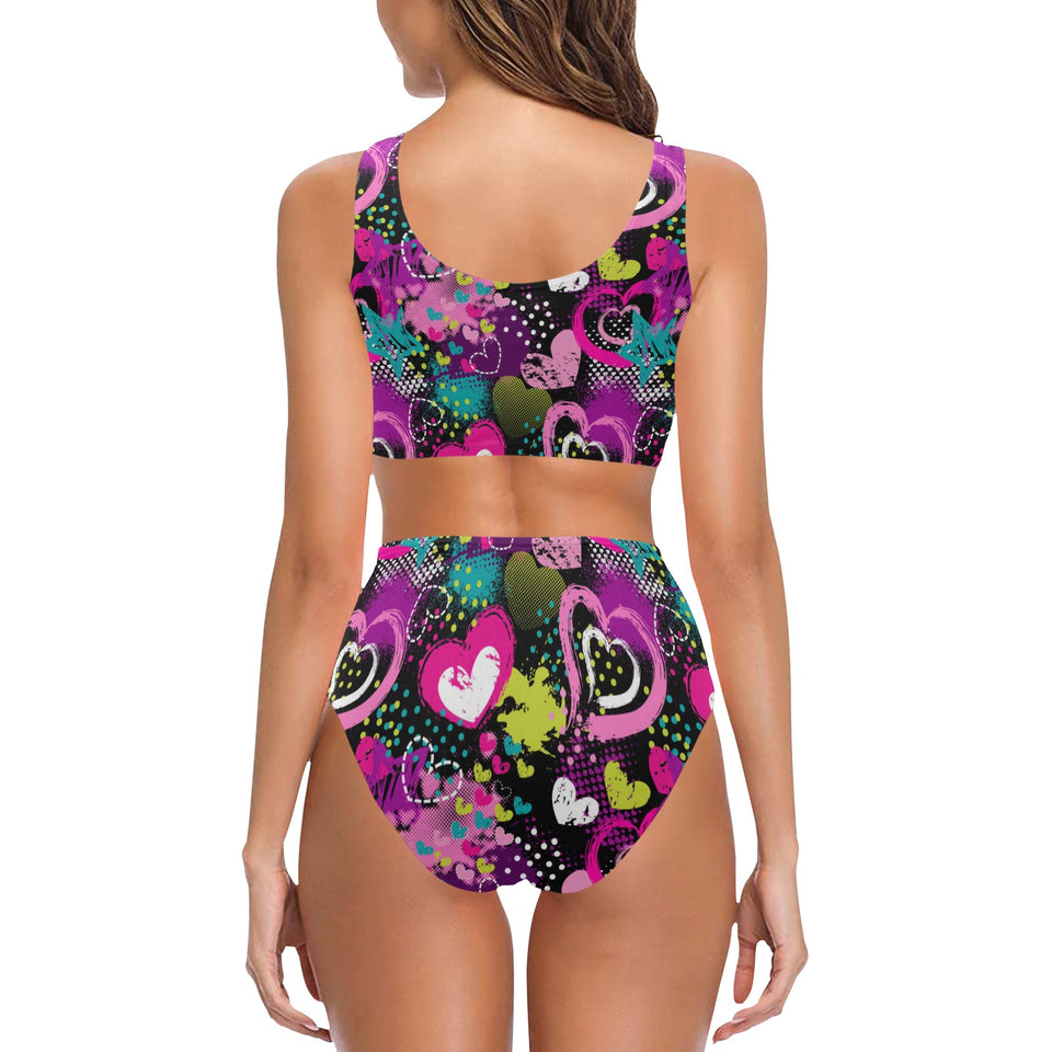 heart dot wave star creative design pattern Chest Bowknot High Waisted Bikini Swimsuit