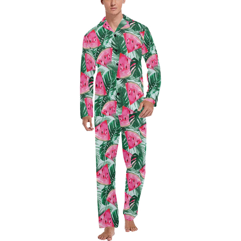 Watermelons tropical palm leaves pattern Men's Long Pajama Set