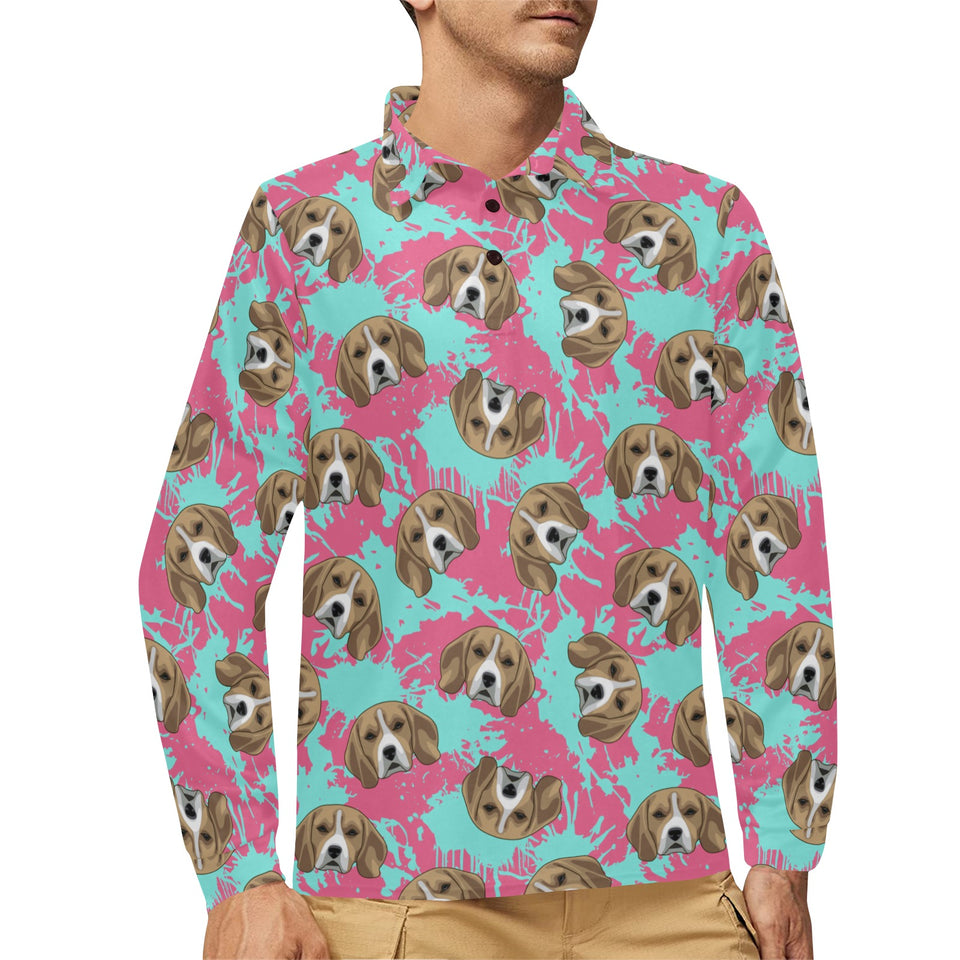 Beagle muzzles turquoise paint splashes pink patte Men's Long Sleeve Polo Shirt