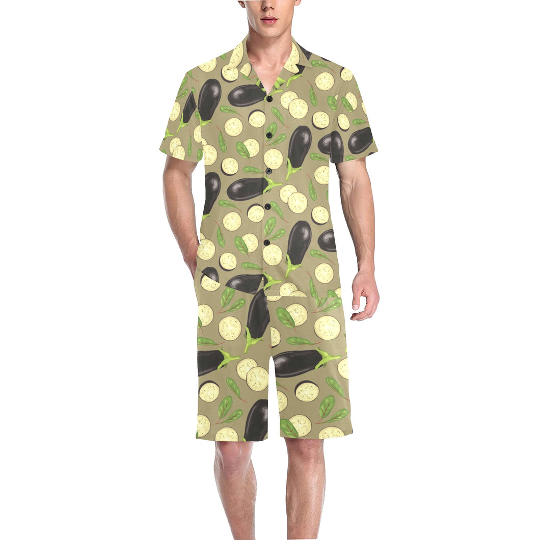 Eggplant Pattern Print Design 02 Men's V-Neck Short Pajama Set