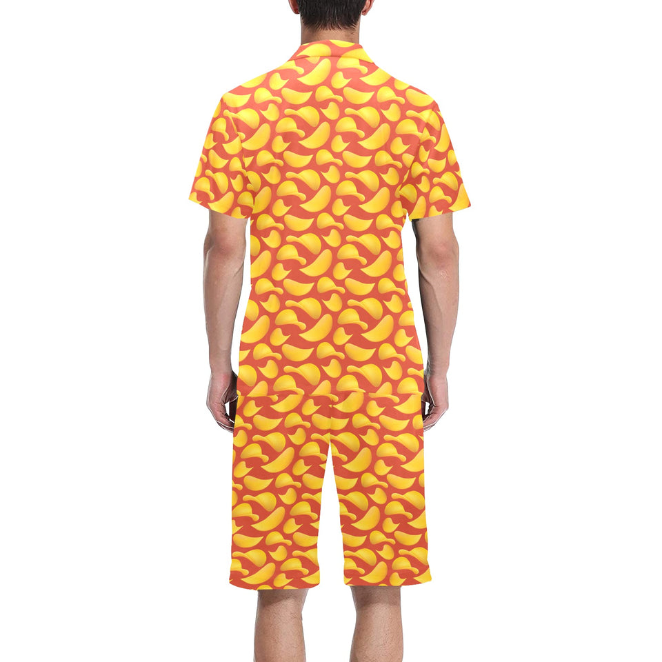 Potato Chips Pattern Print Design 05 Men's V-Neck Short Pajama Set