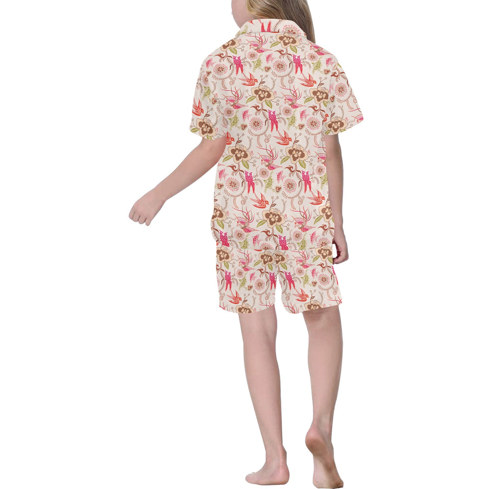 Swallow Pattern Print Design 01 Kids' Boys' Girls' V-Neck Short Pajama Set