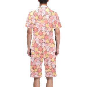 Pig Pattern Print Design 04 Men's V-Neck Short Pajama Set