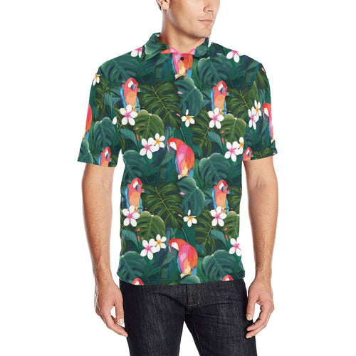 Parrot Palm tree leaves flower hibiscus pattern Men's All Over Print Polo Shirt