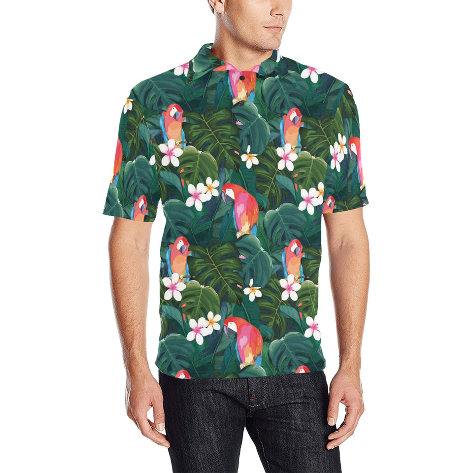 Parrot Palm tree leaves flower hibiscus pattern Men's All Over Print Polo Shirt