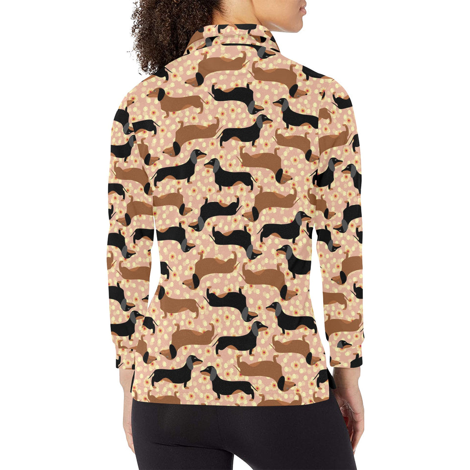 Dachshund floral background Women's Long Sleeve Polo Shirt