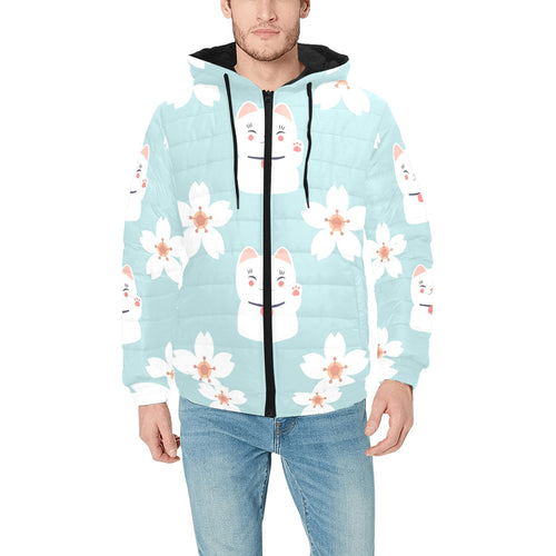 Maneki neko cat sakura Men's Padded Hooded Jacket