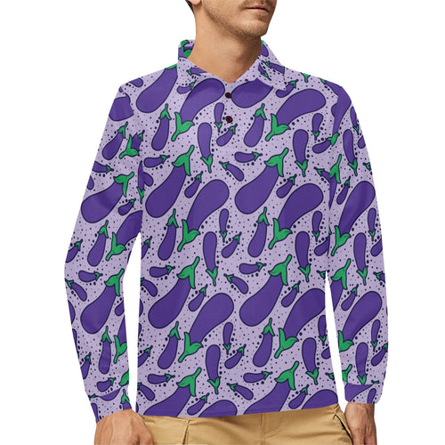 Eggplant Pattern Print Design 03 Men's Long Sleeve Polo Shirt