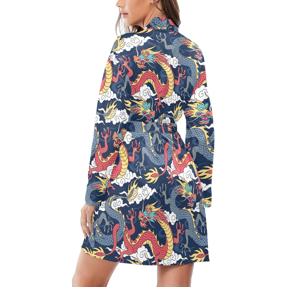 Blue red dragon cloud pattern Women's Long Sleeve Belted Night Robe