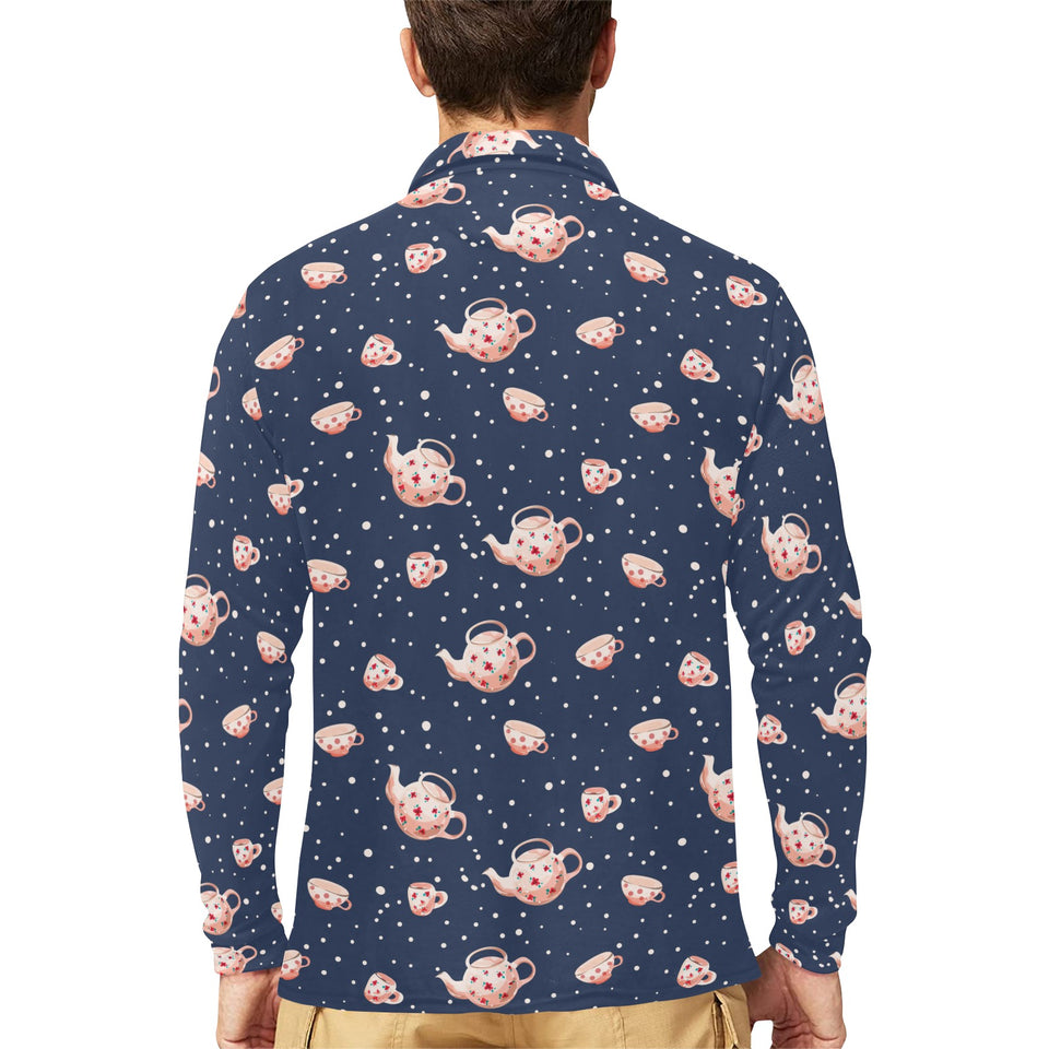 Tea pots Pattern Print Design 04 Men's Long Sleeve Polo Shirt