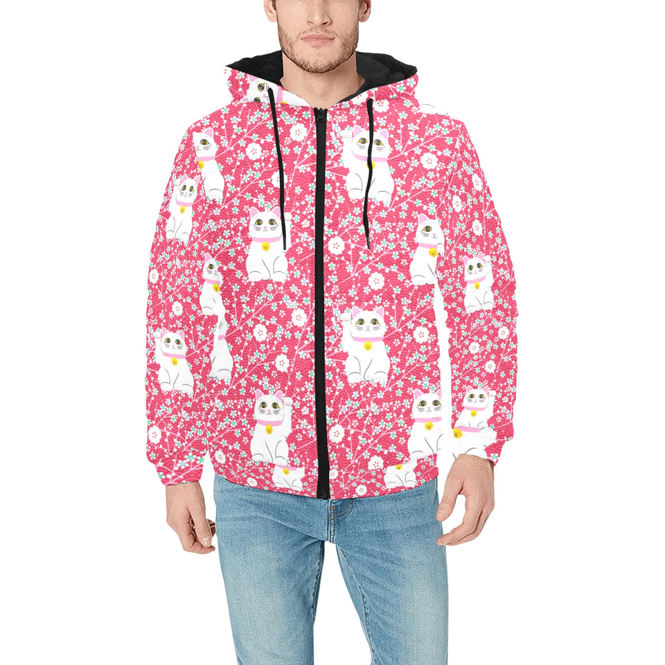 Maneki neko cat sakura pink background Men's Padded Hooded Jacket