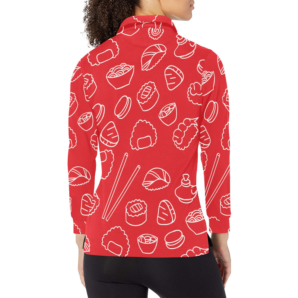 sushi pattern red background Women's Long Sleeve Polo Shirt