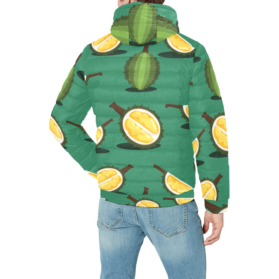Durian pattern green background Men's Padded Hooded Jacket