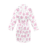 Pig Pattern Print Design 03 Women's Long Sleeve Belted Night Robe