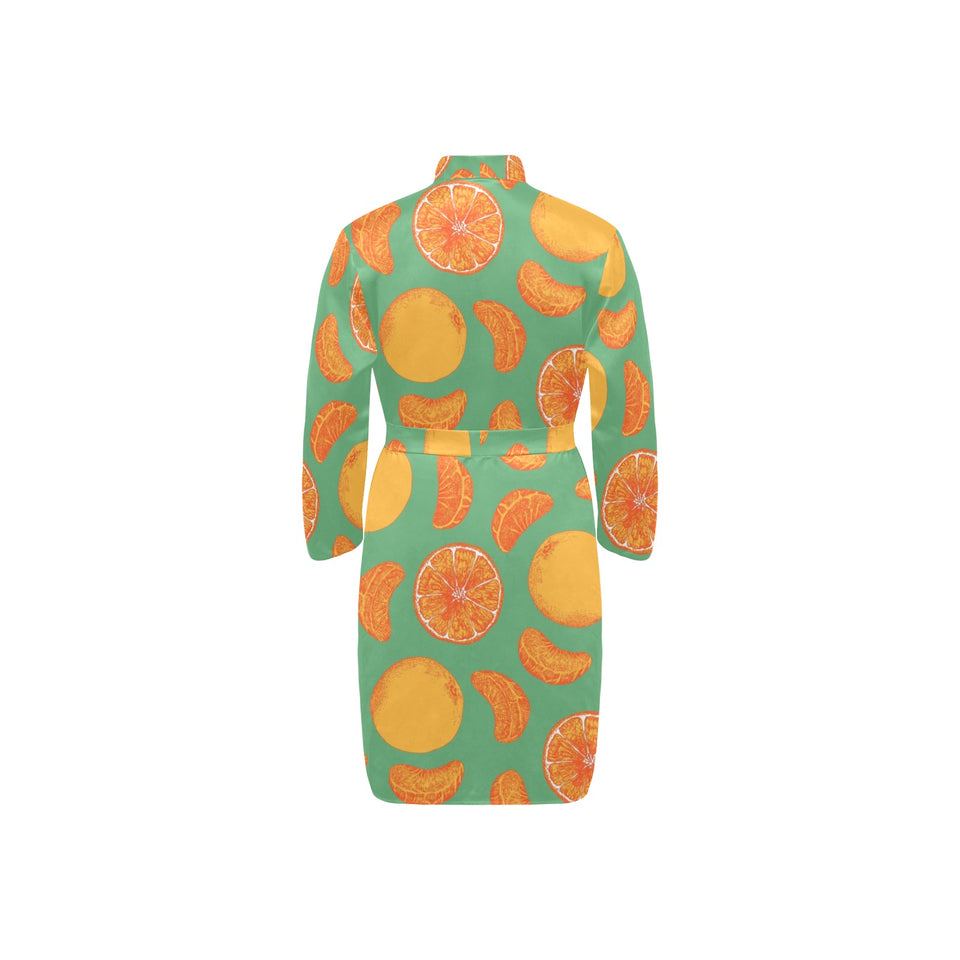 orange fruit pattern green background Men's Long Sleeve Belted Night Robe