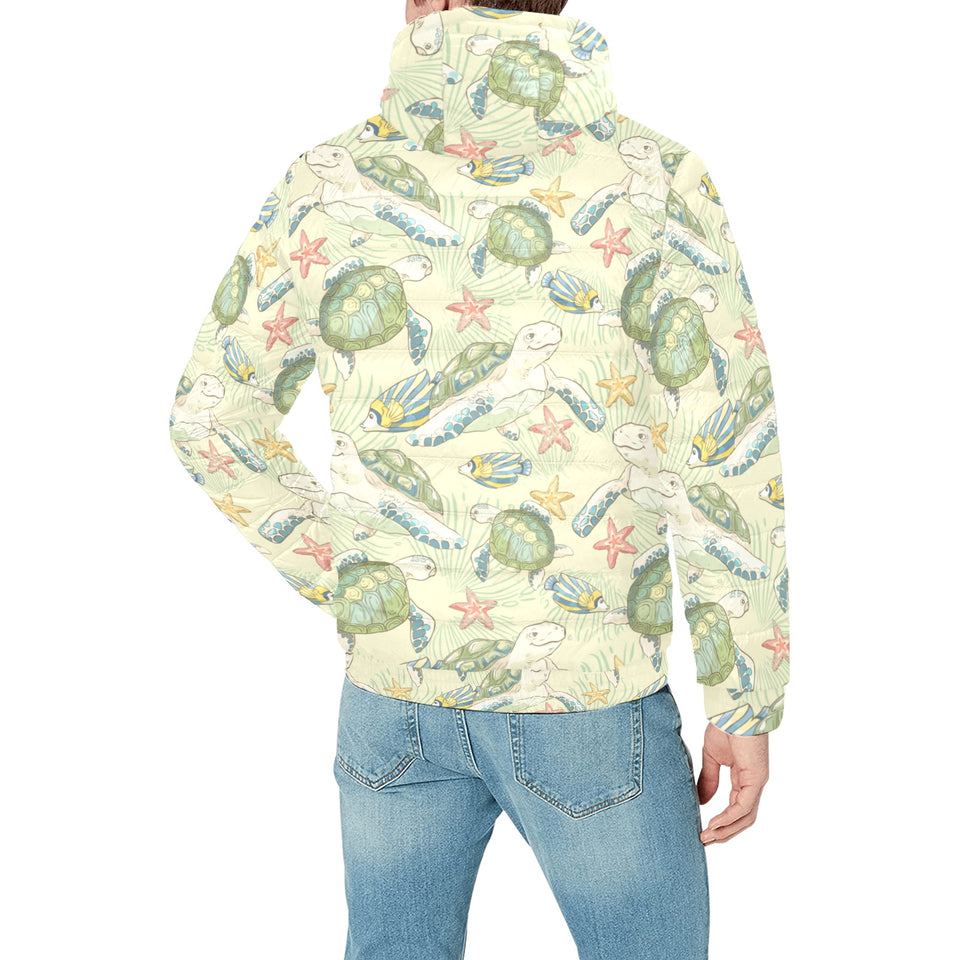 Hand drawn sea turtle fish pattern Men's Padded Hooded Jacket
