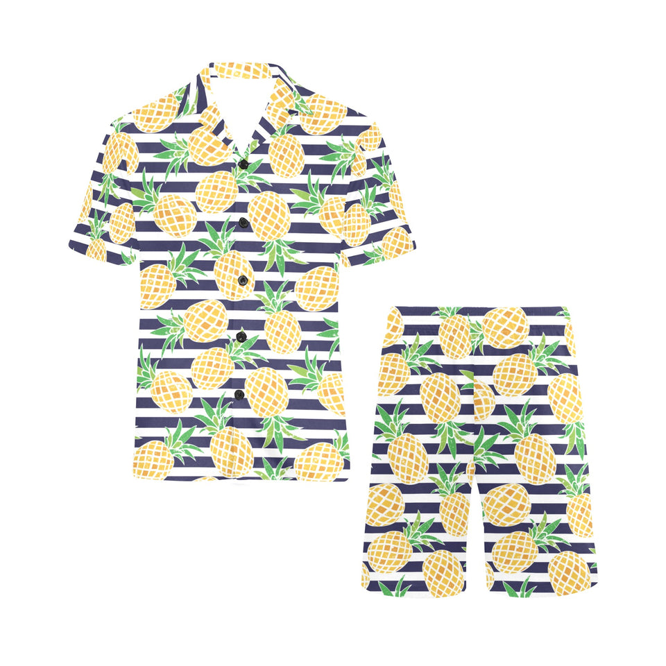 Pineapples pattern striped background Men's V-Neck Short Pajama Set