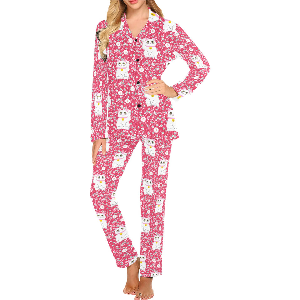 Maneki neko cat sakura pink background Women's Long Pajama Set