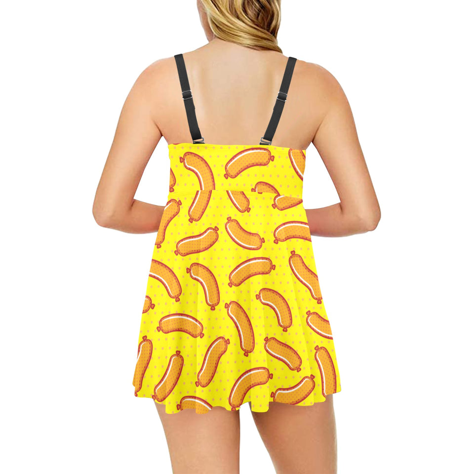 Sausage Pattern Print Design 01 Chest Sexy Pleated Two Piece Swim Dress