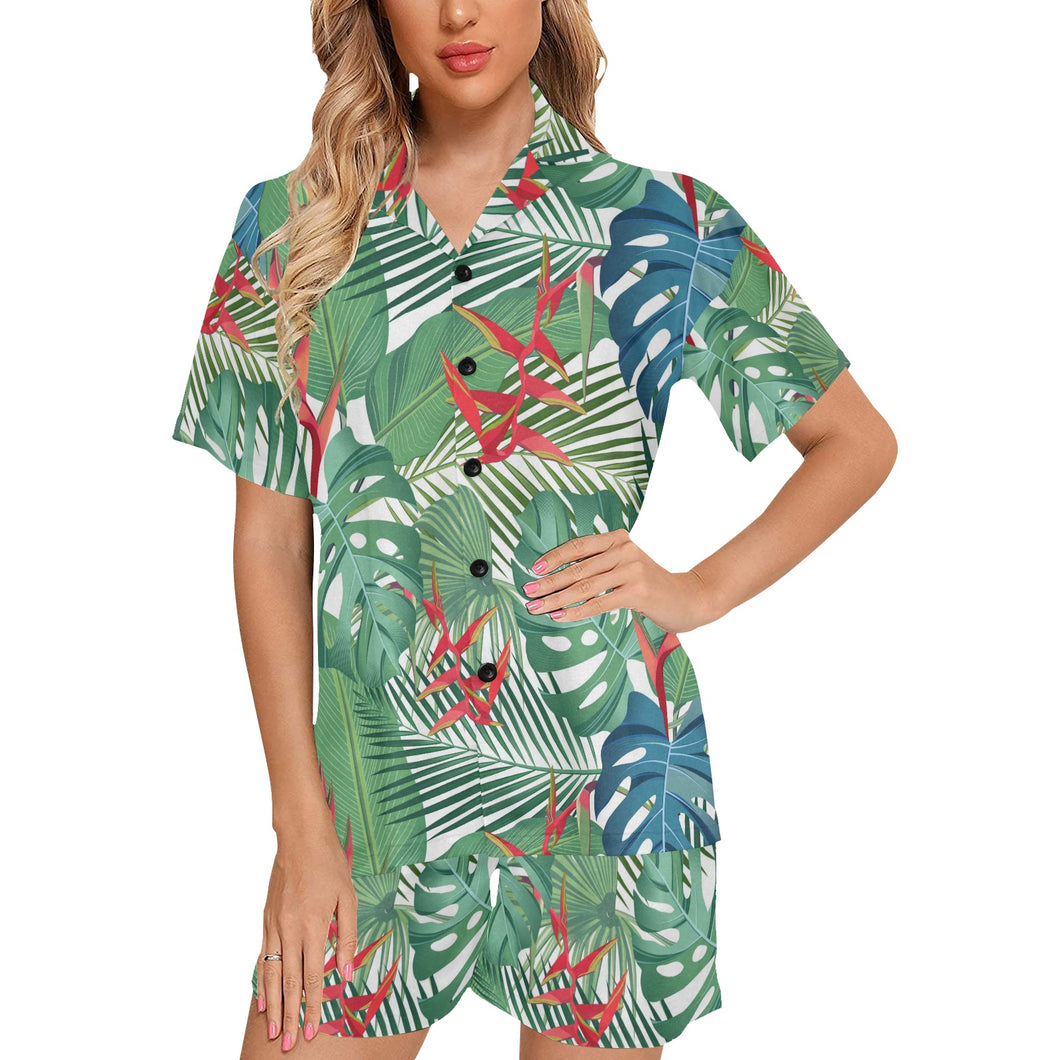 heliconia palm and monstera leaves pattern Women's V-Neck Short Pajama Set