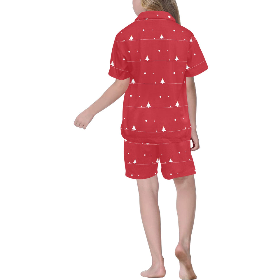 Christmas tree star snow red background Kids' Boys' Girls' V-Neck Short Pajama Set