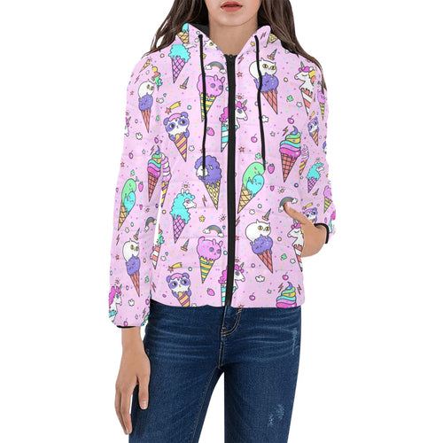 Cute ice cream cone animal pattern Women's Padded Hooded Jacket