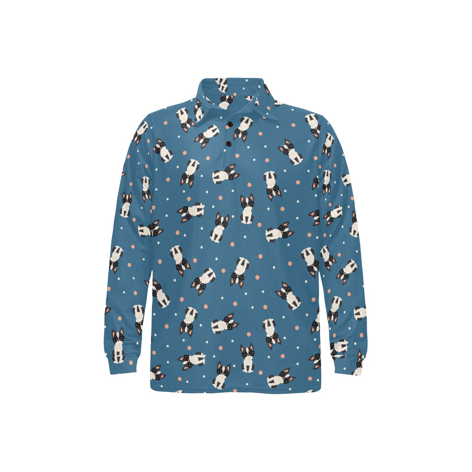 Cute boston terrier dog spattern Men's Long Sleeve Polo Shirt