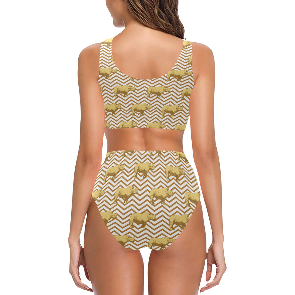 Rhino yellow theme pattern Chest Bowknot High Waisted Bikini Swimsuit