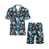 Skull flower roses leave pattern Men's V-Neck Short Pajama Set