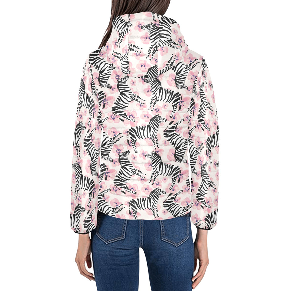 Zebra pink flower background Women's Padded Hooded Jacket