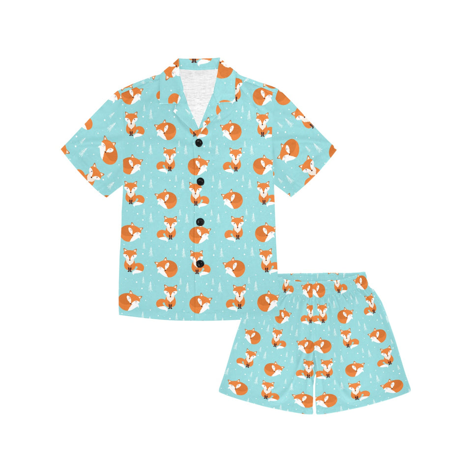 Fox pattern blue b ackground Kids' Boys' Girls' V-Neck Short Pajama Set