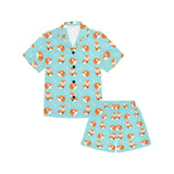 Fox pattern blue b ackground Kids' Boys' Girls' V-Neck Short Pajama Set