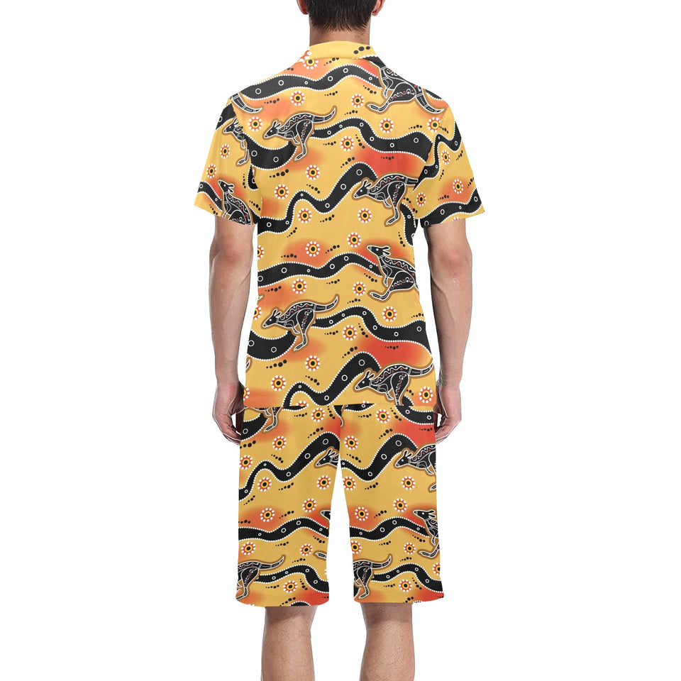 Kangaroo Australian aboriginal art pattern Men's V-Neck Short Pajama Set