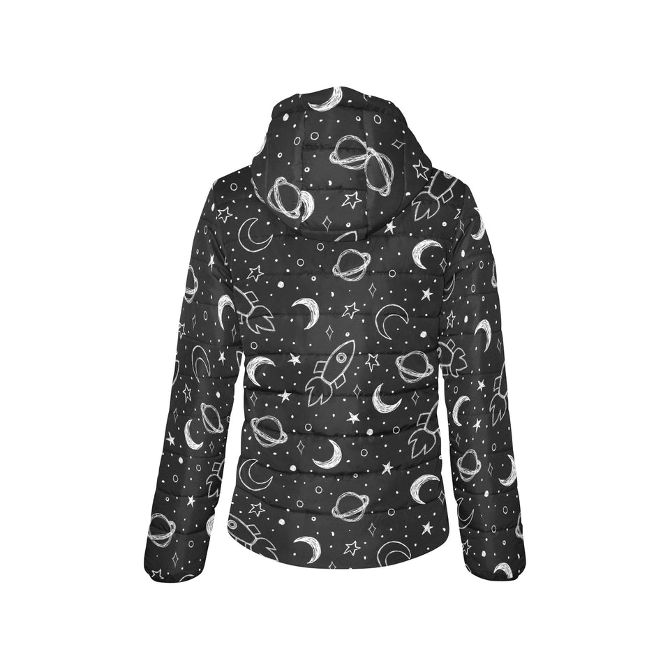 Hand drawn space rocket star planet Women's Padded Hooded Jacket