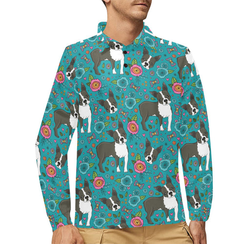 Boston terrier beautiful flower pattern Men's Long Sleeve Polo Shirt