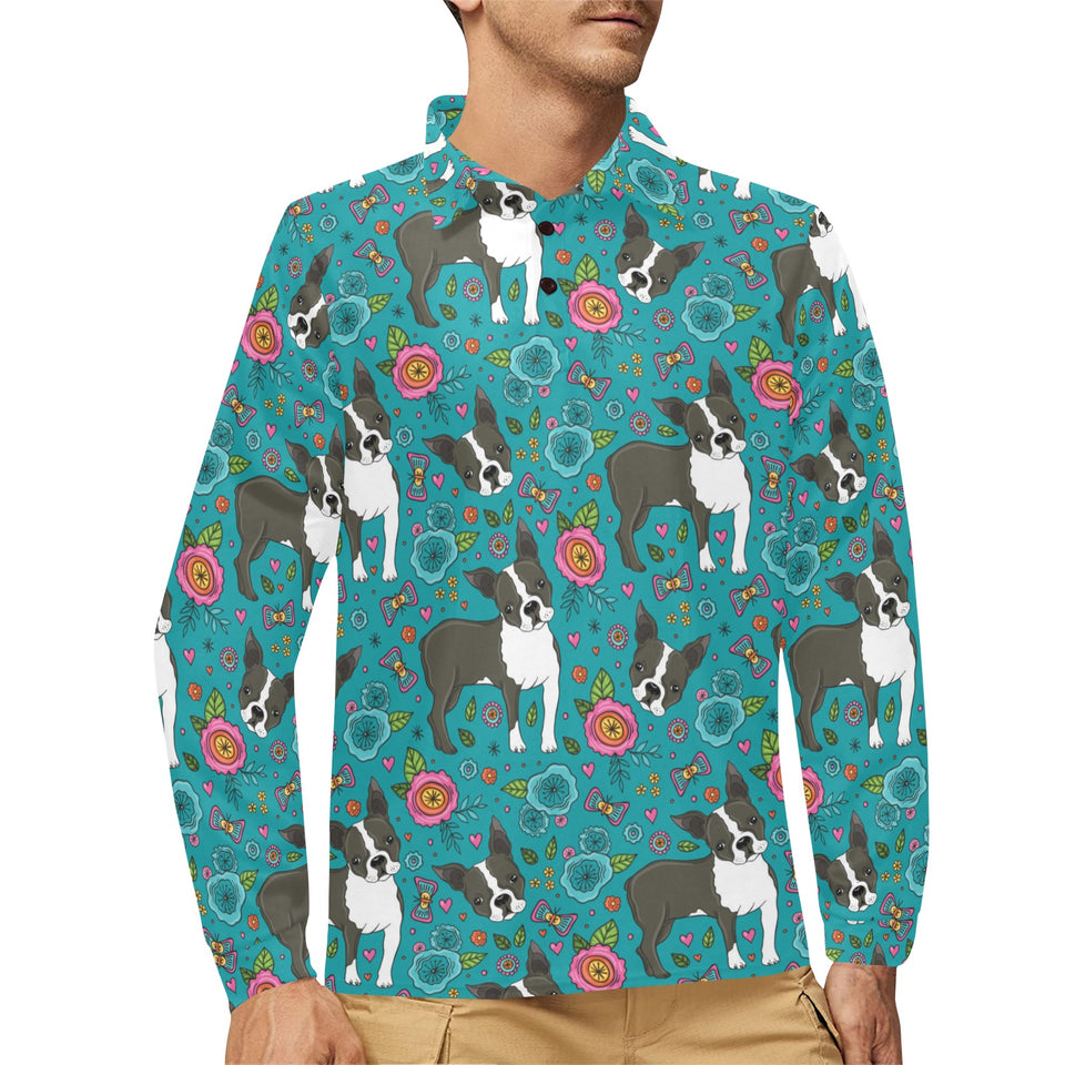 Boston terrier beautiful flower pattern Men's Long Sleeve Polo Shirt