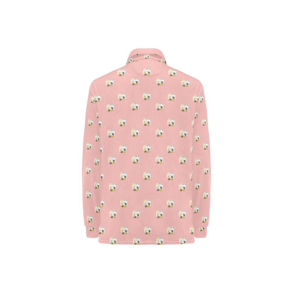 Cute hamster cheese pattern pink background Women's Long Sleeve Polo Shirt