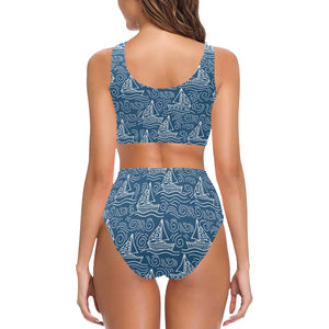 Hand drawn sailboat pattern Chest Bowknot High Waisted Bikini Swimsuit