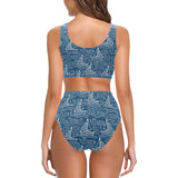 Hand drawn sailboat pattern Chest Bowknot High Waisted Bikini Swimsuit