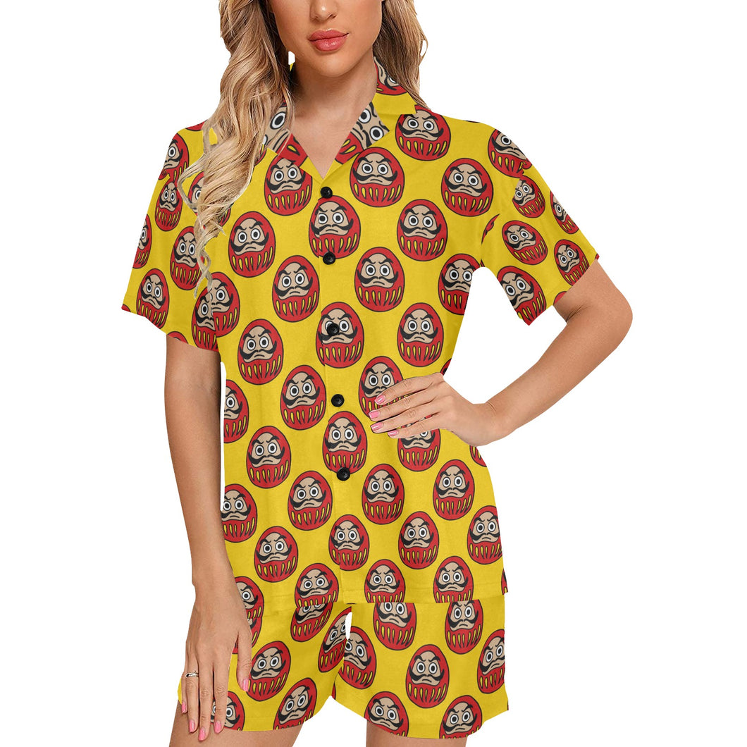 Daruma japanese wooden doll yellow background Women's V-Neck Short Pajama Set