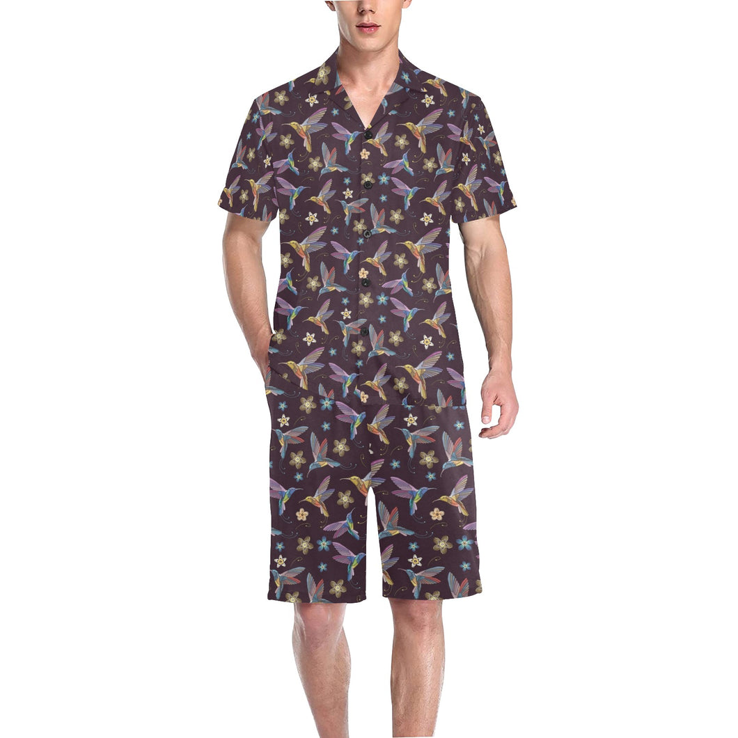 Hummingbird Pattern Print Design 04 Men's V-Neck Short Pajama Set