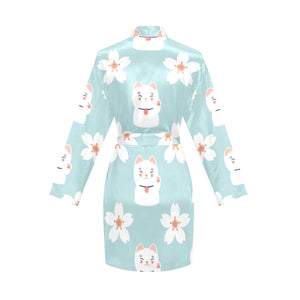 Maneki neko cat sakura Women's Long Sleeve Belted Night Robe