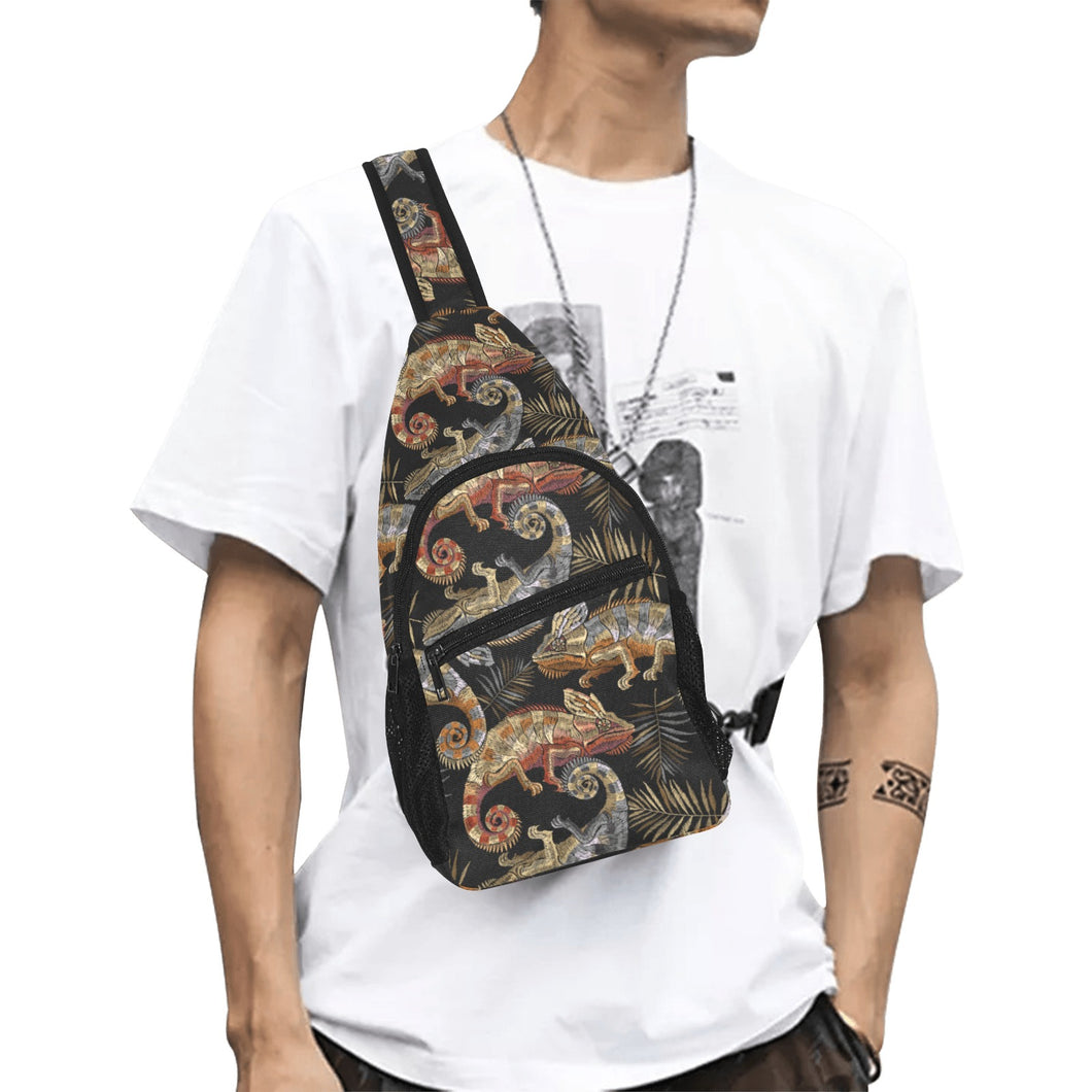 Chameleon lizard tropical leaves palm tree All Over Print Chest Bag