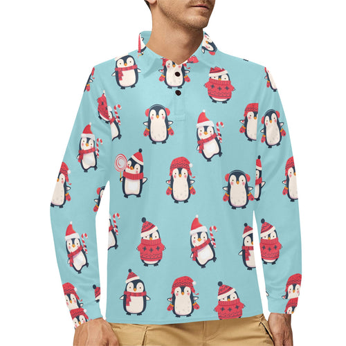 Cute penguin christmas design pattern Men's Long Sleeve Polo Shirt