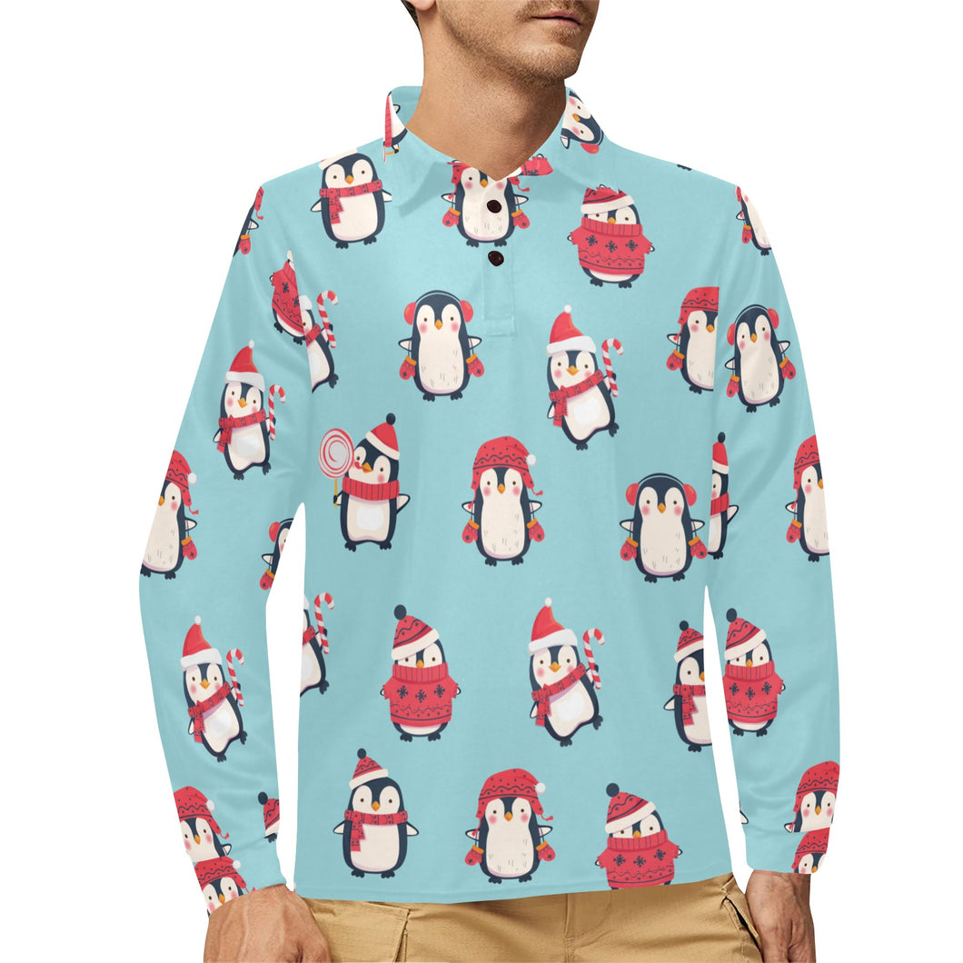 Cute penguin christmas design pattern Men's Long Sleeve Polo Shirt