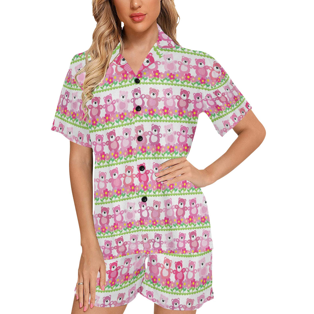 Teddy Bear Pattern Print Design 04 Women's V-Neck Short Pajama Set