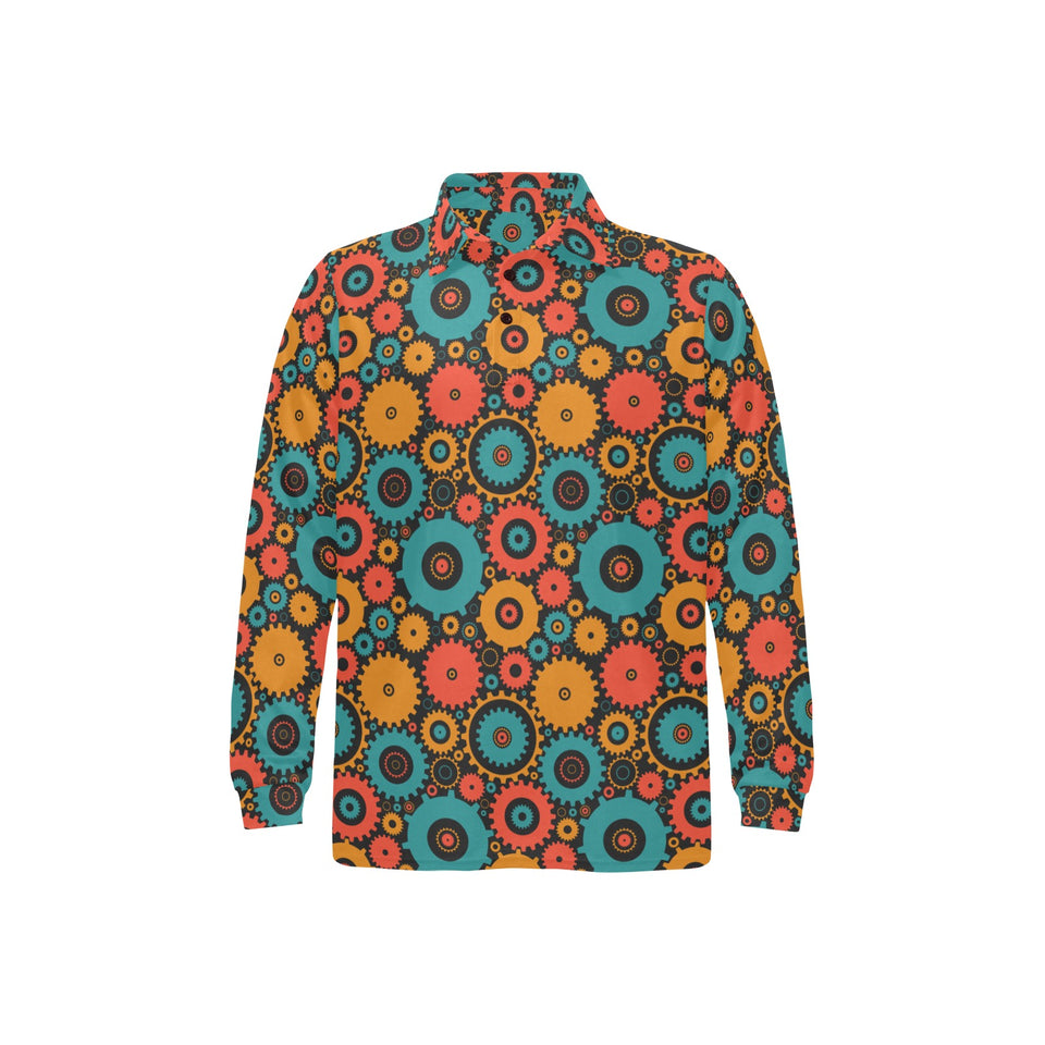 Gear Pattern Print Design 01 Men's Long Sleeve Polo Shirt