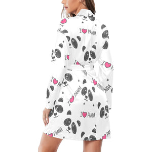 Hand Drawn faces of pandas pattern Women's Long Sleeve Belted Night Robe