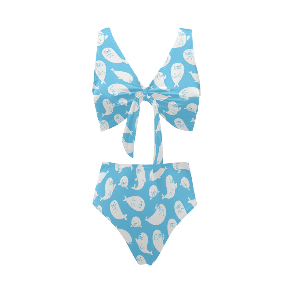 Cute white sea lion seals pattern Chest Bowknot High Waisted Bikini Swimsuit